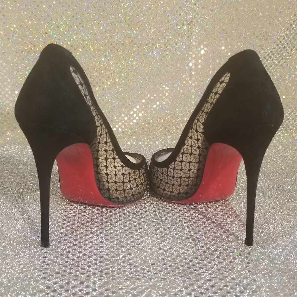 Louboutin Black Lace and Suede Neoalto 100mm Dentelle Resille Complete Set - Picture 6 of 14
